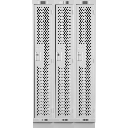 Clean Line Lockers, Bank of 3, 36" x 15" x 76", Steel, Grey, Rivet (Assembled), Perforated Quali-T-Solutions
