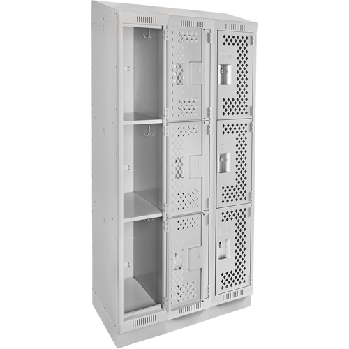 Clean Line Lockers, 3 -tier, Bank of 3, 36" x 15" x 82", Steel, Grey, Rivet (Assembled), Perforated Quali-T-Solutions