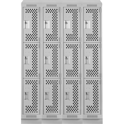 Clean Line Lockers, 3 -tier, Bank of 4, 48" x 15" x 82", Steel, Grey, Rivet (Assembled), Perforated Quali-T-Solutions