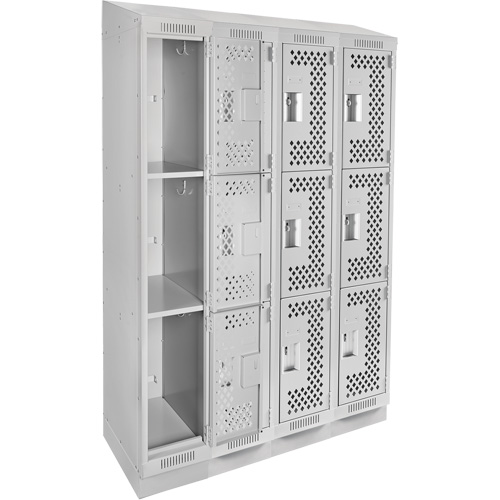 Clean Line Lockers, 3 -tier, Bank of 4, 48" x 15" x 82", Steel, Grey, Rivet (Assembled), Perforated Quali-T-Solutions