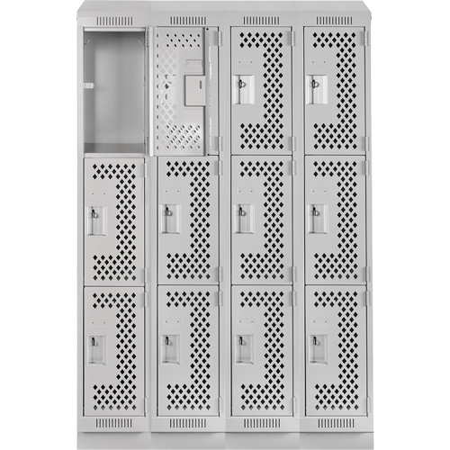 Clean Line Lockers, 3 -tier, Bank of 4, 48" x 15" x 82", Steel, Grey, Rivet (Assembled), Perforated Quali-T-Solutions