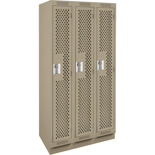 Clean Line Lockers, Bank of 3, 36" x 15" x 76", Steel, Beige, Rivet (Assembled), Perforated Quali-T-Solutions