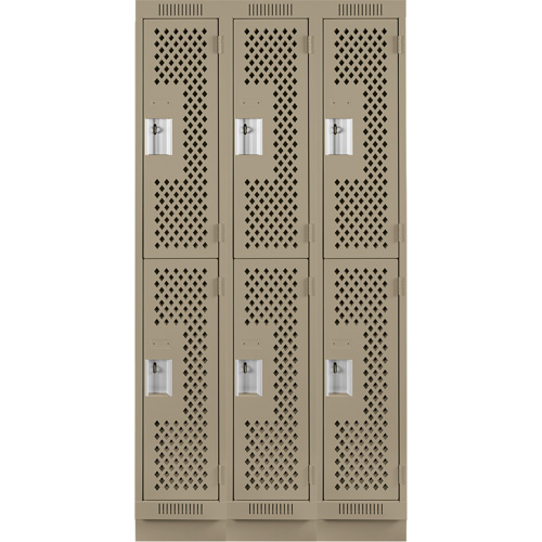 Clean Line Lockers, 2 -tier, Bank of 3, 36" x 12" x 76", Steel, Beige, Rivet (Assembled), Perforated Quali-T-Solutions