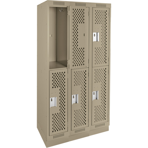 Clean Line Lockers, 2 -tier, Bank of 3, 36" x 12" x 76", Steel, Beige, Rivet (Assembled), Perforated Quali-T-Solutions