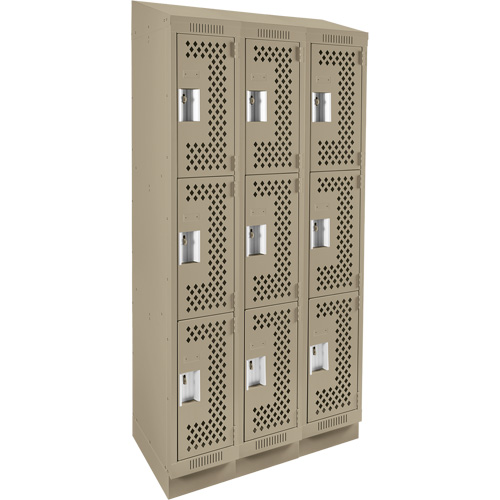 Clean Line Lockers, 3 -tier, Bank of 3, 36" x 15" x 82", Steel, Beige, Rivet (Assembled), Perforated Quali-T-Solutions