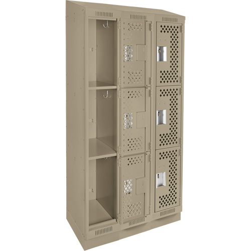 Clean Line Lockers, 3 -tier, Bank of 3, 36" x 15" x 82", Steel, Beige, Rivet (Assembled), Perforated Quali-T-Solutions