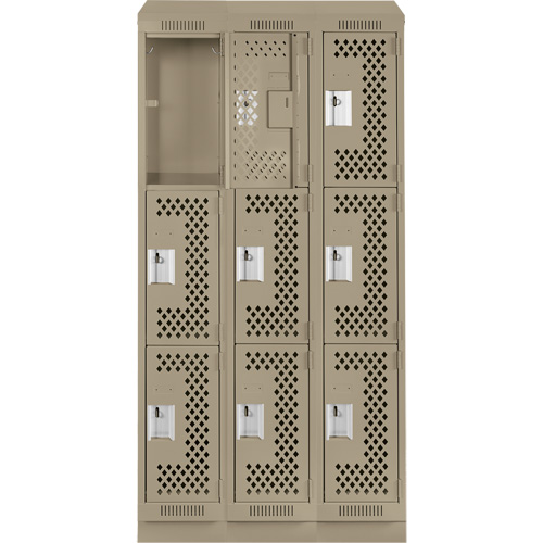 Clean Line Lockers, 3 -tier, Bank of 3, 36" x 15" x 82", Steel, Beige, Rivet (Assembled), Perforated Quali-T-Solutions