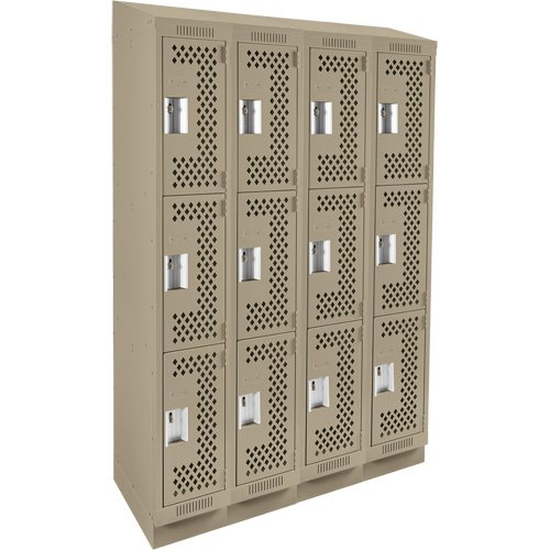 Clean Line Lockers, 3 -tier, Bank of 4, 48" x 15" x 82", Steel, Beige, Rivet (Assembled), Perforated Quali-T-Solutions