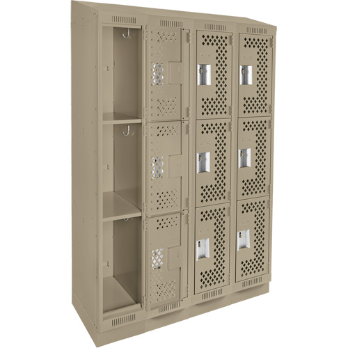 Clean Line Lockers, 3 -tier, Bank of 4, 48" x 15" x 82", Steel, Beige, Rivet (Assembled), Perforated Quali-T-Solutions
