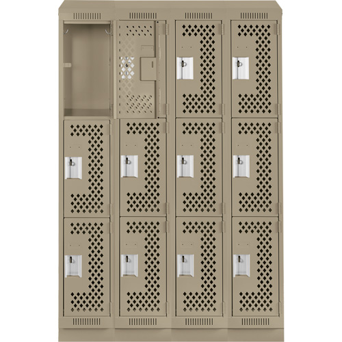 Clean Line Lockers, 3 -tier, Bank of 4, 48" x 15" x 82", Steel, Beige, Rivet (Assembled), Perforated Quali-T-Solutions