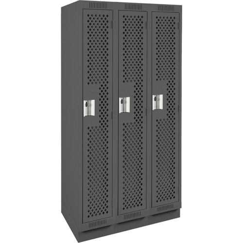 Clean Line Lockers, Bank of 3, 36" x 15" x 76", Steel, Charcoal, Rivet (Assembled), Perforated Quali-T-Solutions