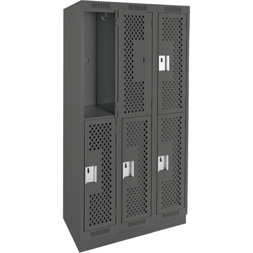 Clean Line Lockers, 2 -tier, Bank of 3, 36" x 15" x 76", Steel, Charcoal, Rivet (Assembled), Perforated Quali-T-Solutions
