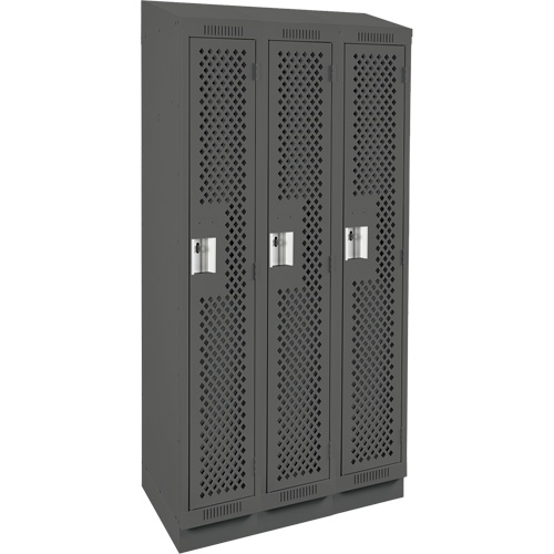 Clean Line Lockers, Bank of 3, 36" x 15" x 82", Steel, Charcoal, Rivet (Assembled), Perforated Quali-T-Solutions