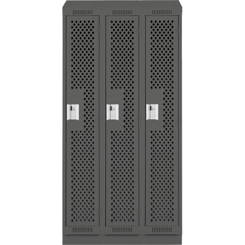 Clean Line Lockers, Bank of 3, 36" x 15" x 82", Steel, Charcoal, Rivet (Assembled), Perforated Quali-T-Solutions