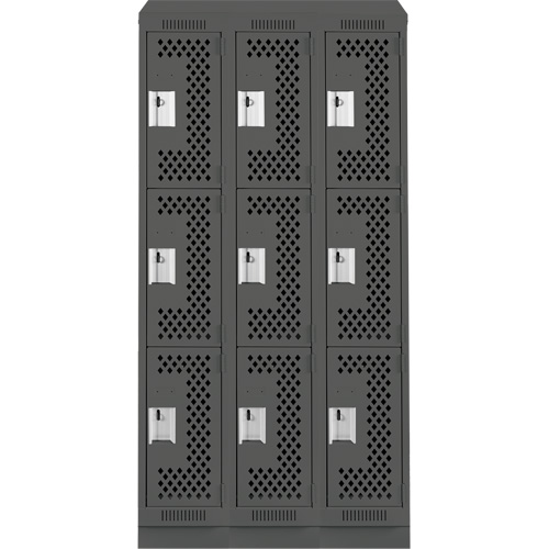 Clean Line Lockers, 3 -tier, Bank of 3, 36" x 15" x 82", Steel, Charcoal, Rivet (Assembled), Perforated Quali-T-Solutions