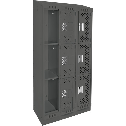 Clean Line Lockers, 3 -tier, Bank of 3, 36" x 15" x 82", Steel, Charcoal, Rivet (Assembled), Perforated Quali-T-Solutions