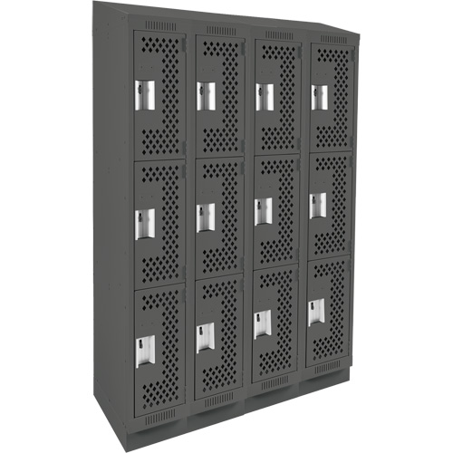 Clean Line Lockers, 3 -tier, Bank of 4, 48" x 15" x 82", Steel, Charcoal, Rivet (Assembled), Perforated Quali-T-Solutions