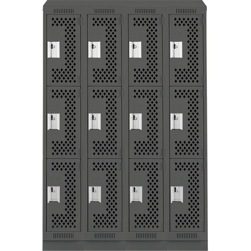 Clean Line Lockers, 3 -tier, Bank of 4, 48" x 15" x 82", Steel, Charcoal, Rivet (Assembled), Perforated Quali-T-Solutions