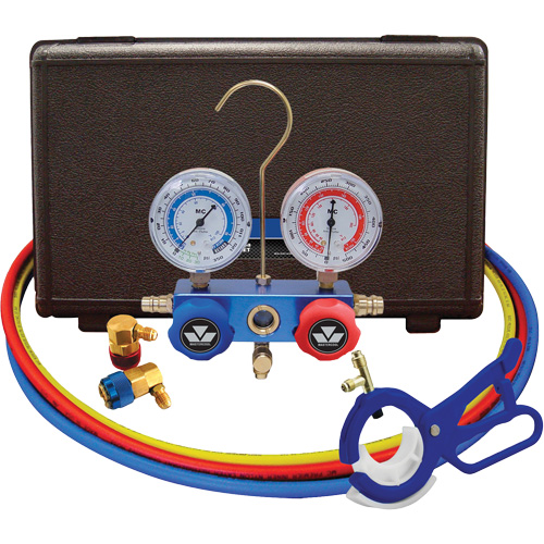 Jeu de manom&egrave;tres collecteurs &agrave; deux voies R134A pour automobile avec coupleurs et robinet perce-canette lat&eacute;rale 3-en-1 Quali-T-Solutions