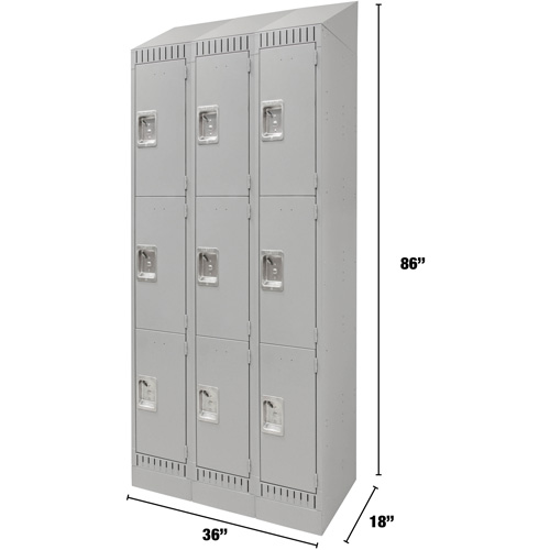 Lockers, 3 -tier, Bank of 3, 36" x 18" x 86", Steel, Grey, Knocked Down Quali-T-Solutions