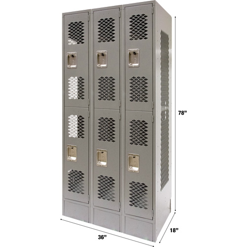 Casiers ventil&eacute;s, 2 niveaux, Bloc de 3, 36" x 18" x 78", Acier, Gris, D&eacute;mont&eacute;, Perfor&eacute; Quali-T-Solutions