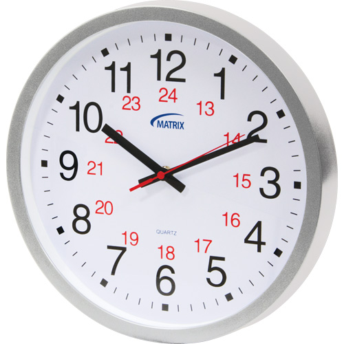 12/24 H Clock, Analog, Battery Operated, 12", Silver Quali-T-Solutions