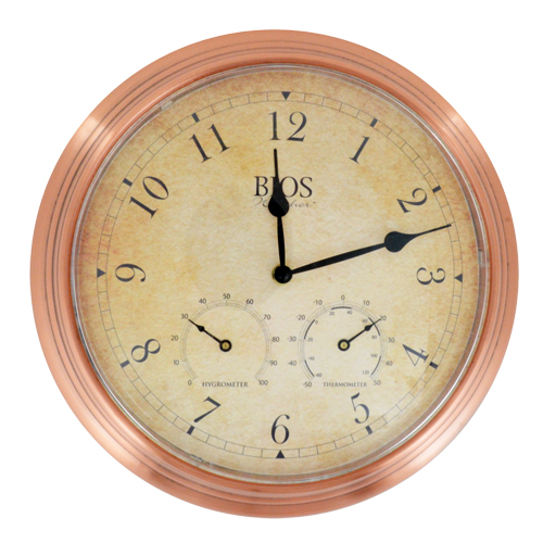 3-in-1 Outdoor Clock, Analog, Battery Operated, 14" Dia., Brown Quali-T-Solutions