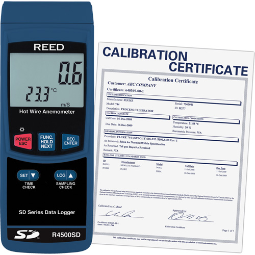 Thermo-an&eacute;mom&egrave;tres &agrave; fil chaud avec enregistrement de donn&eacute;es et certificat de calibration, Enregistrement des donn&eacute;es, Gamme de v&eacute;locit&eacute; d'air de 0,2 - 25 m/sec Quali-T-Solutions