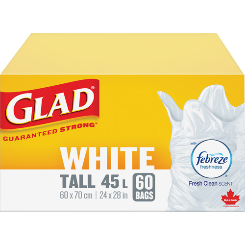 Sacs &agrave; ordures hauts 45 L avec Febreze, R&eacute;gulier, 24" la x 28" lo, Blanc Quali-T-Solutions