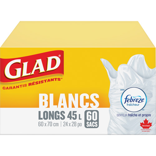 Sacs &agrave; ordures hauts 45 L avec Febreze, R&eacute;gulier, 24" la x 28" lo, Blanc Quali-T-Solutions