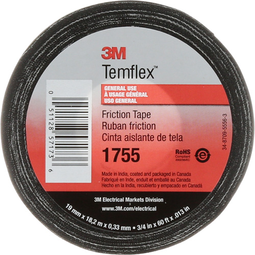 Temflex Cotton Friction Tape 1755, 19 mm (3/4") x 18.28 m (60'), Black Quali-T-Solutions
