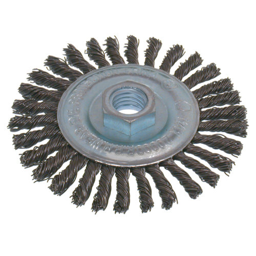 Brosses &eacute;conomiques &agrave; fil nou&eacute;s &agrave; haute vitesse pour cordons de soudure, Dia. 6", Fils 0,02", Arbre 5/8"-11, Acier inoxydable Quali-T-Solutions
