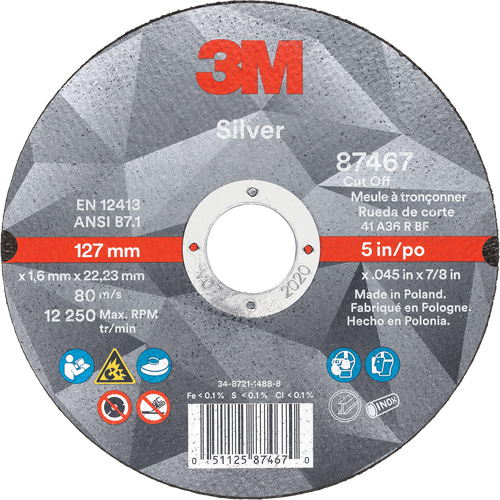 Meule &agrave; tronçonner Silver, 5" x 0,045", Arbre de 7/8", Type 1, C&eacute;ramique, 12250 Tr/min Quali-T-Solutions