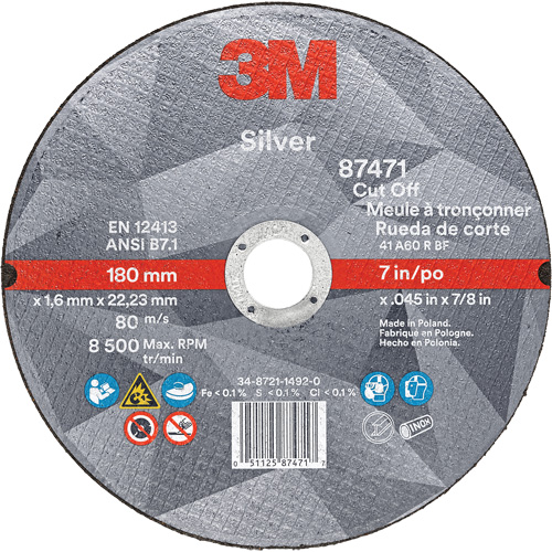 Silver Cut-Off Wheel, 7" x 0.045", 7/8" Arbor, Type 1, Ceramic, 8500 RPM Quali-T-Solutions