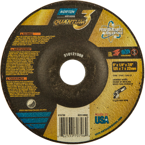 Quantum3 Grinding Wheel, 5" x 1/4", 7/8" Arbor, Ceramic, Type 27 Quali-T-Solutions