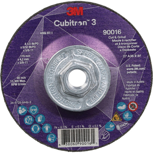 Meule &agrave; couper & tronçonner Cubitron 3, 4-1/2" x 5/32", Arbre de 5/8"-11, Type T27, Grain de 36+, C&eacute;ramique Quali-T-Solutions