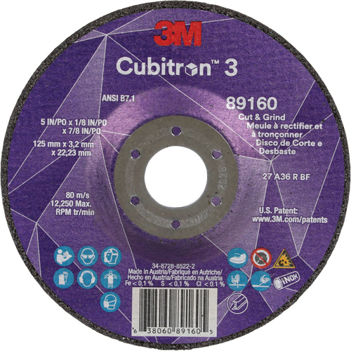Cubitron 3 Cut and Grind Wheel, 5" x 1/8", 7/8" Arbor, Type 27, 36 Grit, Ceramic Quali-T-Solutions