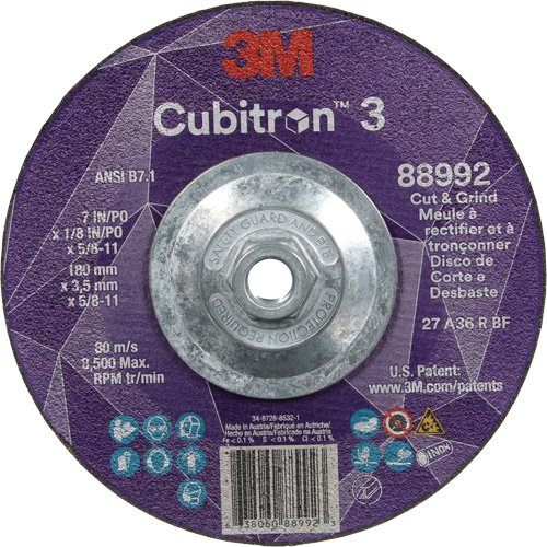 Meule &agrave; rectifier et &agrave; tronçonner Cubitron 3, 7" x 1/8", Arbre de 5/8"-11, Type 27, Grain de 36, C&eacute;ramique Quali-T-Solutions