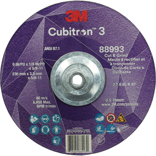 Meule &agrave; rectifier et &agrave; tronçonner Cubitron 3, 9" x 1/8", Arbre de 5/8"-11, Type 27, Grain de 36, C&eacute;ramique Quali-T-Solutions