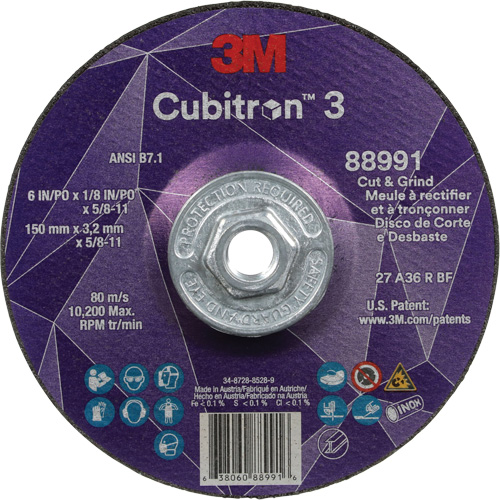 Meule &agrave; rectifier et &agrave; tronçonner Cubitron 3, 6" x 1/8", Arbre de 5/8"-11, Type 27, Grain de 36, C&eacute;ramique Quali-T-Solutions