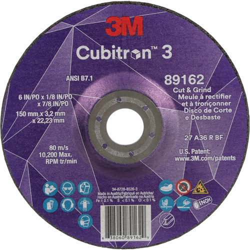 Cubitron 3 Cut and Grind Wheel, 6" x 1/8", 7/8" Arbor, Type 27, 36 Grit, Ceramic Quali-T-Solutions