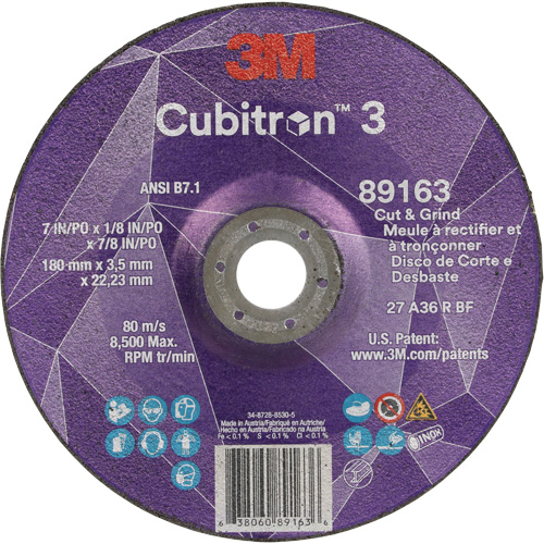 Cubitron 3 Cut and Grind Wheel, 7" x 1/8", 7/8" Arbor, Type 27, 36 Grit, Ceramic Quali-T-Solutions