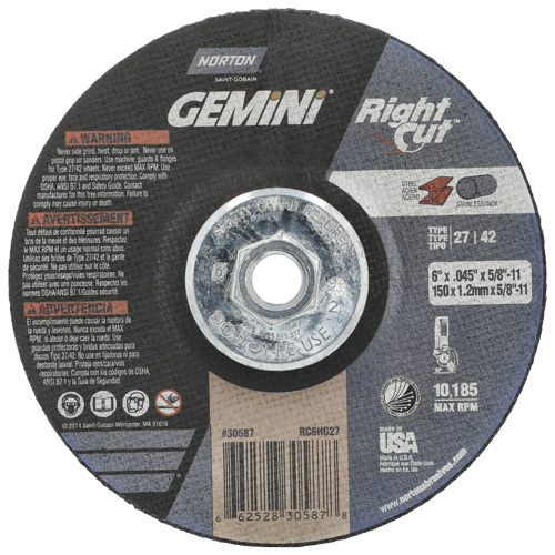 Gemini RightCut Right Angle Cut-Off Wheel, 6" x 0.045", 5/8"-11 Arbor, Type 27/42, Aluminum Oxide, 10185 RPM Quali-T-Solutions
