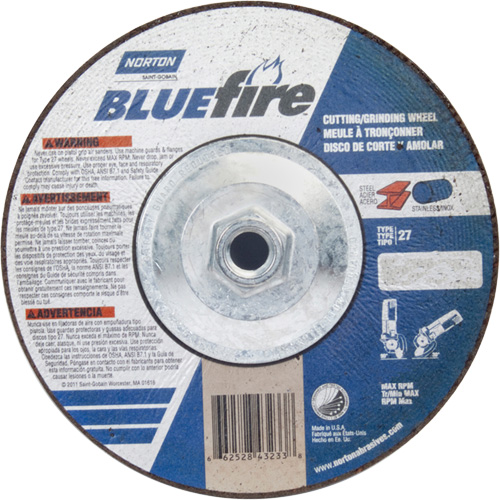 BlueFire Grinding & Cutting Wheel, 7" x 1/8", 5/8"-11 Arbor, Type 27, Zirconia Alumina Quali-T-Solutions