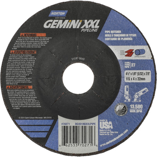 Gemini XXL Grinding & Cutting Wheel, 4-1/2" x 1/8", 7/8" Arbor, Type 27, Aluminum Oxide Quali-T-Solutions