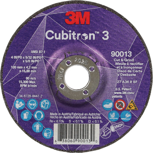 Meule &agrave; tronçonner Cubitron 3, 4" x 39/250", Arbre de 5/8", Type 27, Grain de 36, C&eacute;ramique Quali-T-Solutions