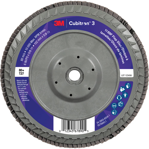 Disque &agrave; lamelles plate 1169F Cubitron 3 &agrave; changement rapide, 6" x 5/8"-11, Type T27, Grain 80+, C&eacute;ramique Quali-T-Solutions