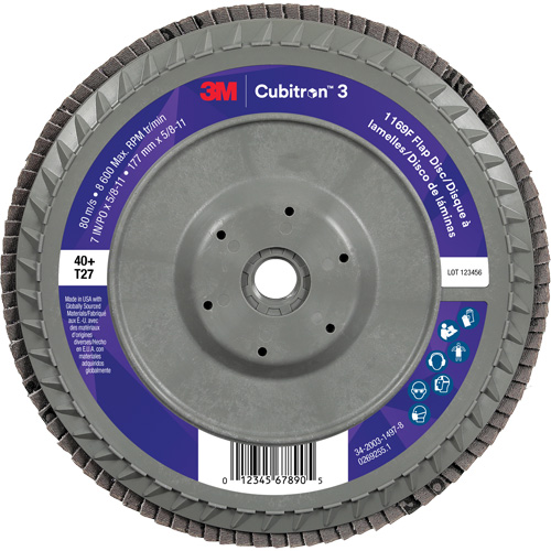 Disque &agrave; lamelles plate 1169F Cubitron 3 &agrave; changement rapide, 7" x 5/8"-11, Type T27, Grain 40+, C&eacute;ramique Quali-T-Solutions
