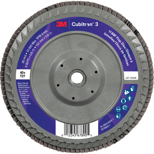 Disque &agrave; lamelles plate 1169F Cubitron 3 &agrave; changement rapide, 6" x 5/8"-11, Type T27, Grain 40+, C&eacute;ramique Quali-T-Solutions