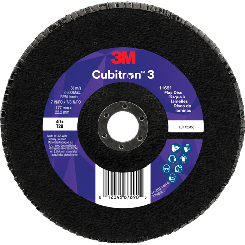 Disque &agrave; lamelles conique 1169F Cubitron 3, 7" x 7/8", Type T29, Grain 40+, C&eacute;ramique Quali-T-Solutions